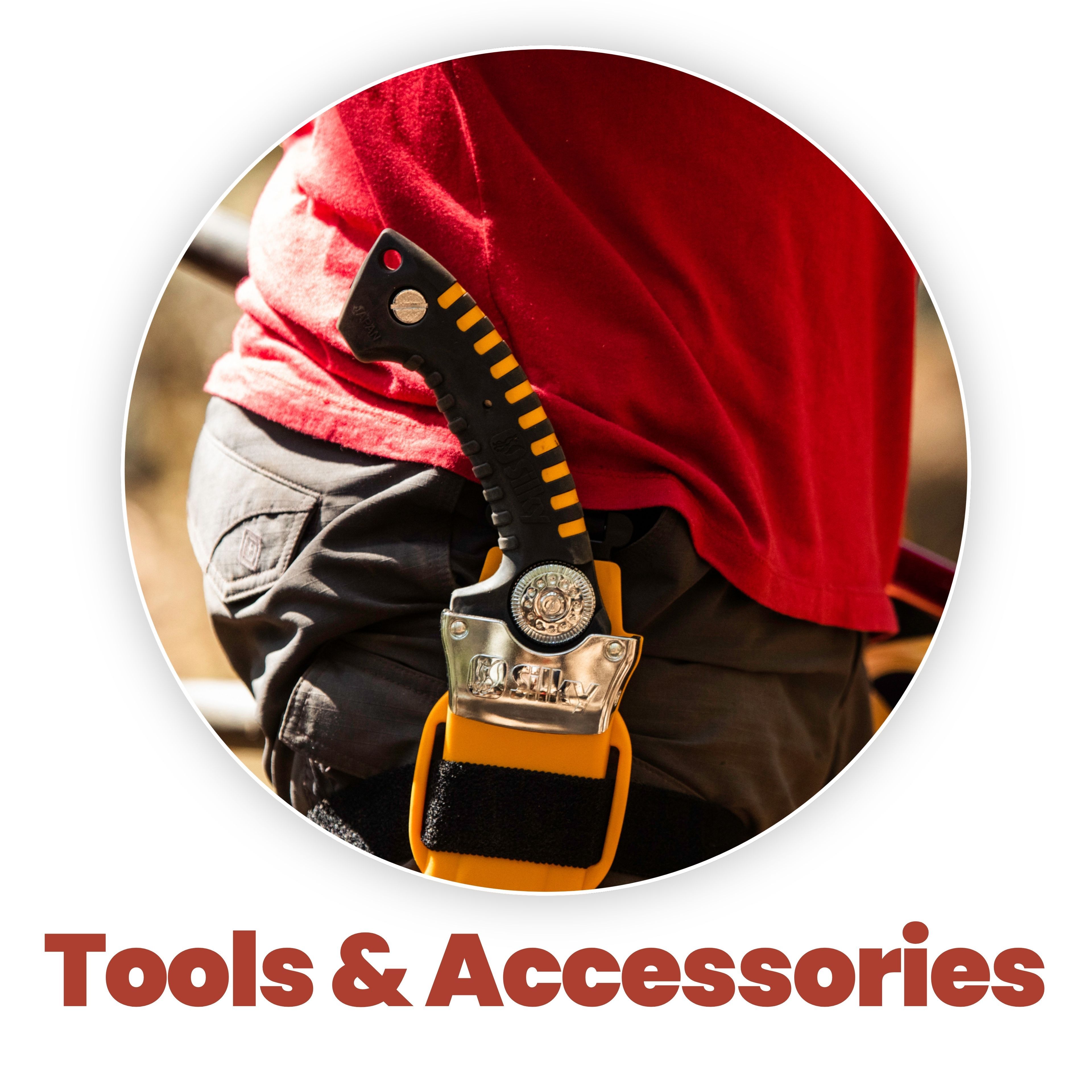 Person wearing a tool belt with tools and accessories.