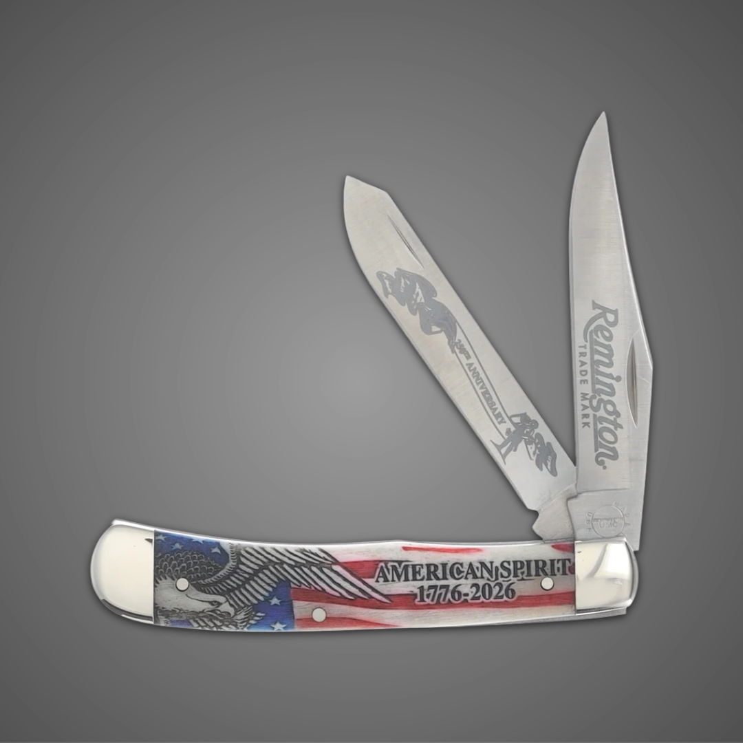 A folding knife with a patriotic design and two blades.