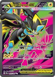 Mega Zeraora EX Pokémon card featuring abilities and stats.