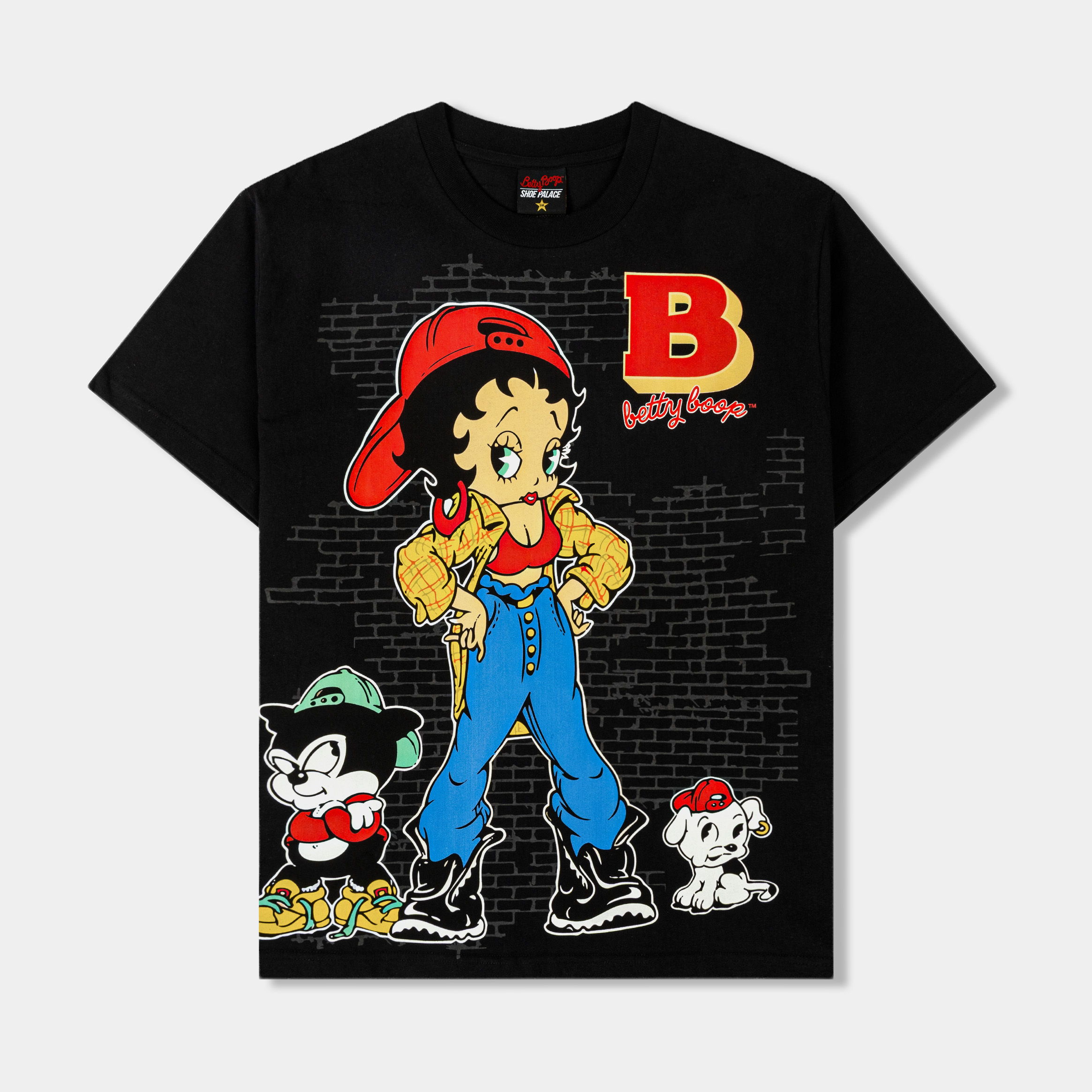 Black t-shirt featuring cartoon characters, including a girl and two animals.