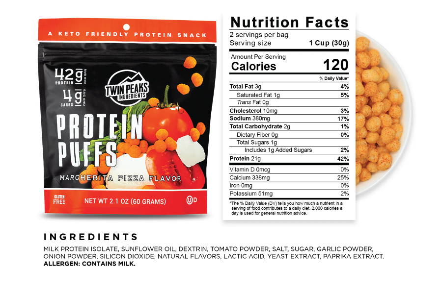 Margherita Pizza Protein Puffs Bag and Nutrition Facts
