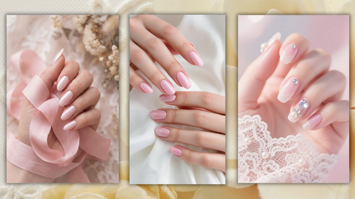 Close-up of bridal manicure in soft pink nail shade creating a romantic and elegant wedding look