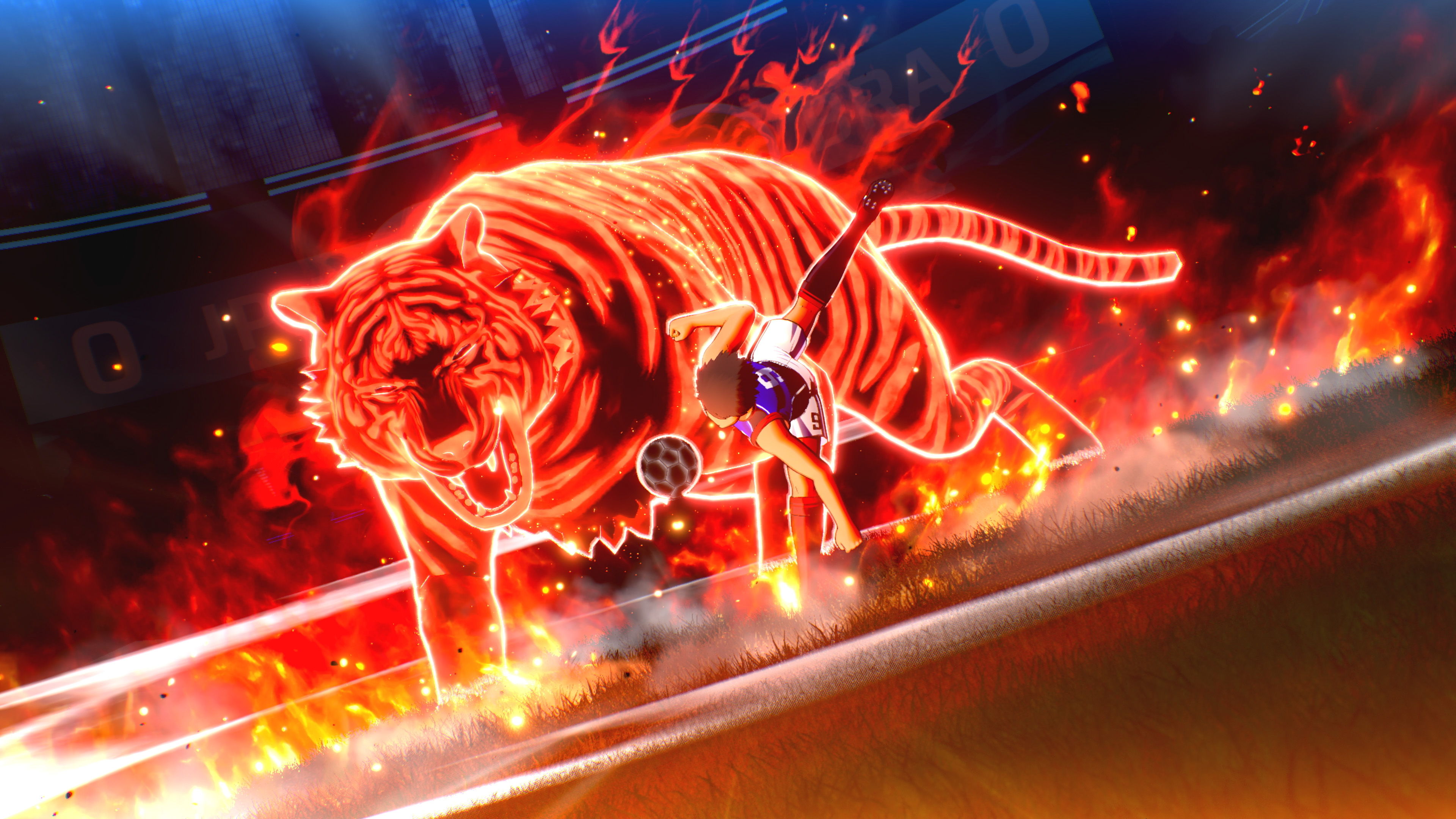 A fierce glowing tiger surrounded by flames, with a character in action.