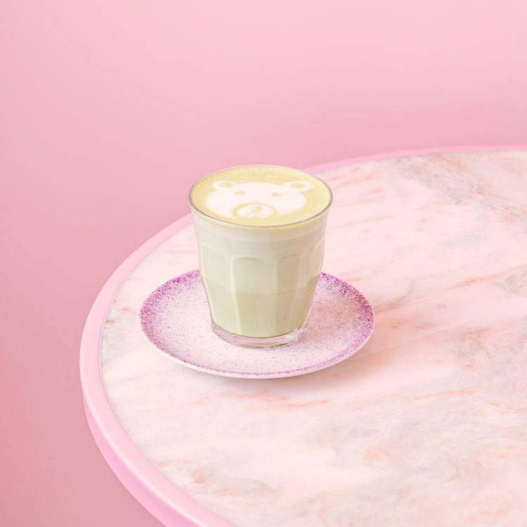 Matcha Jade Latte in glass with latte art