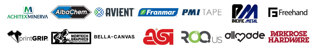 Open House sponsor logos for Achitex Minerva, AlbaChem, Avient, Franmar, PMI Tape, Pacific Metal, Freehand Graphics, PrintGrip, Nortech Graphics, Bella + Canvas, ASI, ROQ US, and Allmade.