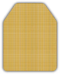 Yellow patterned label with a rounded top and straight sides.