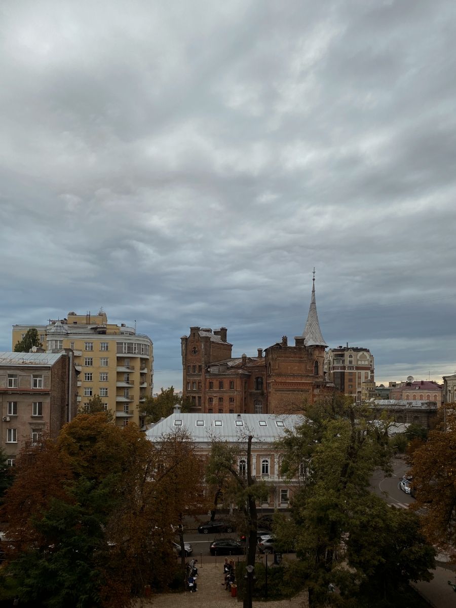 Cityscape with buildings and overcast sky.