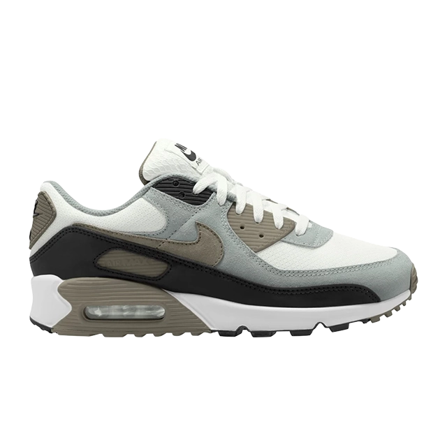 Nike Air Max 90 sneaker in grey, white, and black colorway.