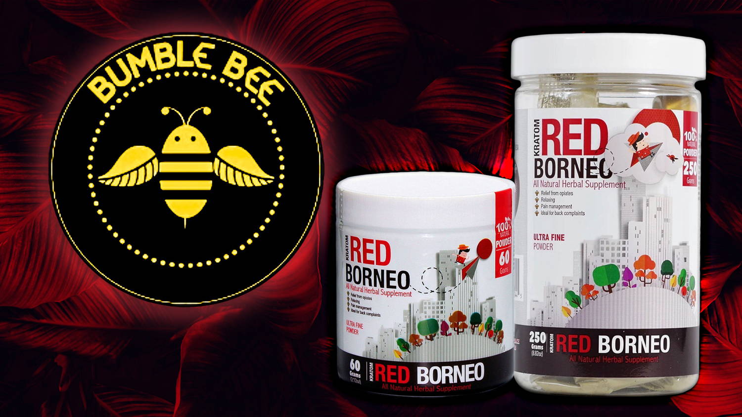Bumble Bee Kratom Red Borneo 60 and 250 Gram Powder Banner