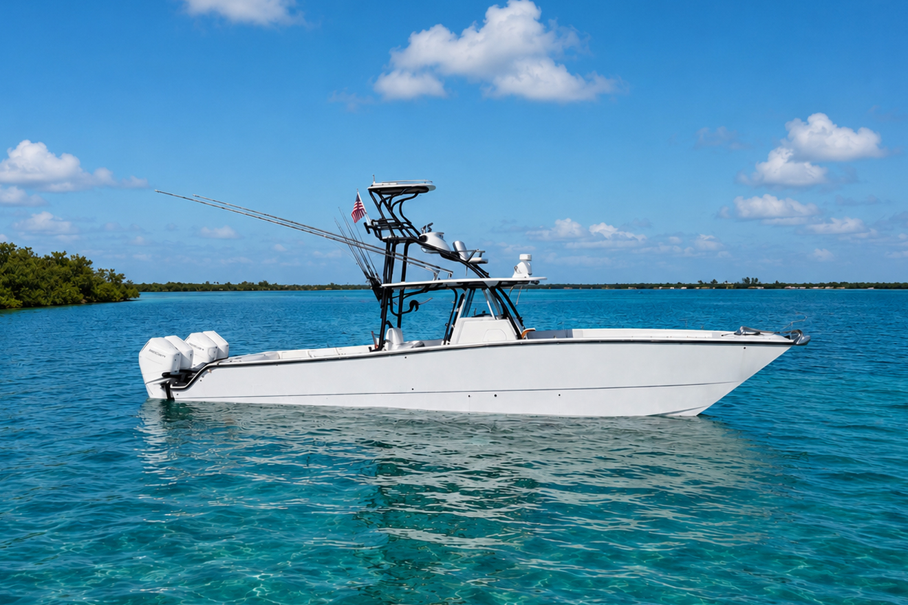 Side-profile sportfishing center console boat floating in clear turquoise Florida water under a bright blue sky with scattered clouds, featuring triple outboard engines, tall tower, outriggers, and calm tropical surroundings.