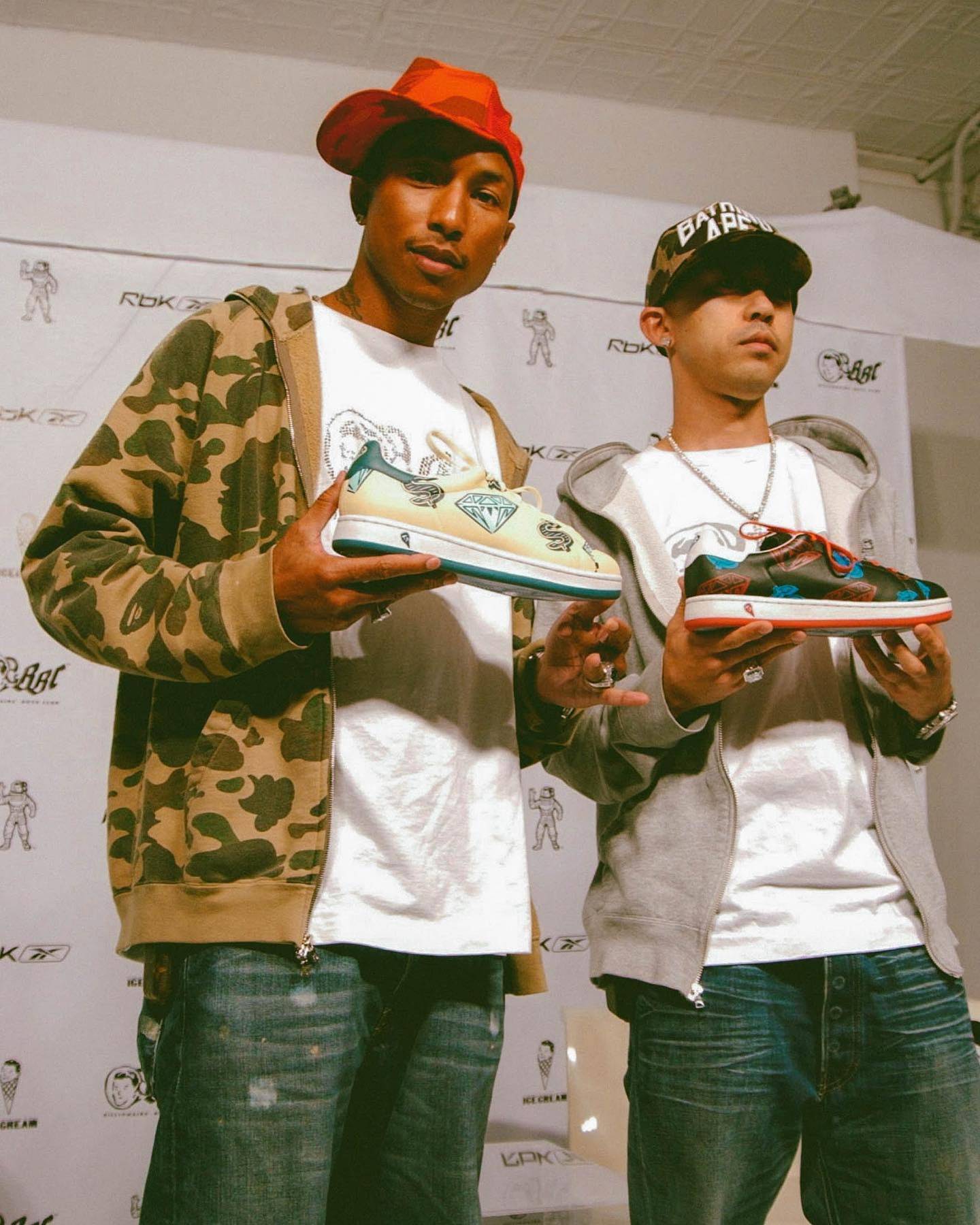 Pharrell Williams (right) and Nigo at the launch of an exclusive range of  Billionaire Boys Club clothing and Ice Cream footwear with RbK at the  Sanderson Hotel, London Stock Photo - Alamy