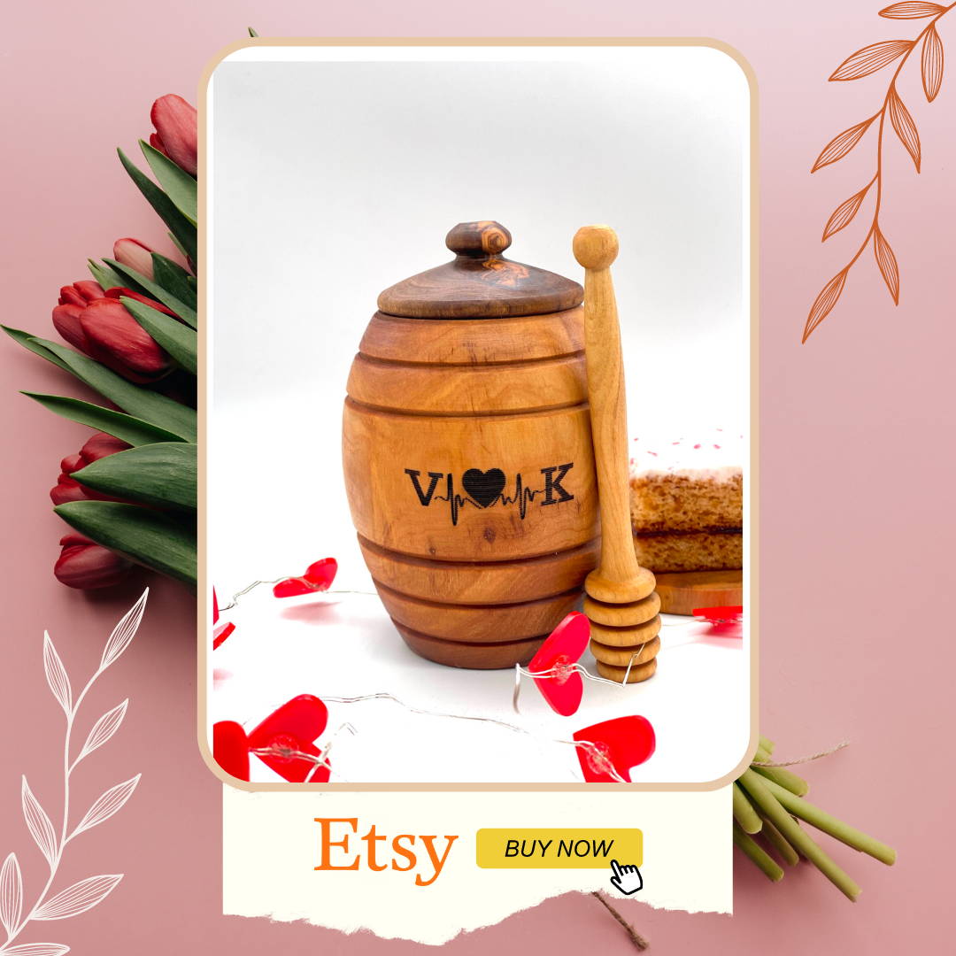 Olive wood Honey Pot with Lid with Honey Dipper/Drizzlier