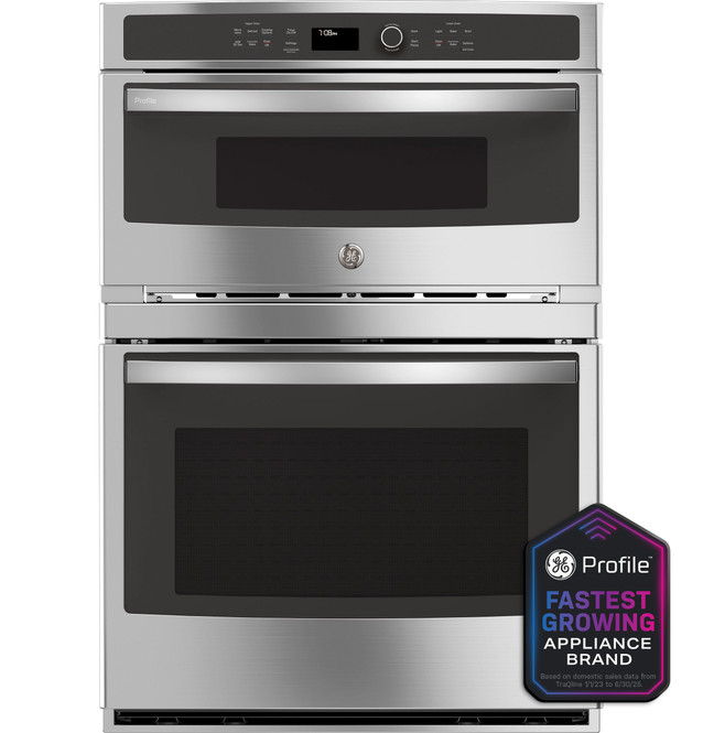 Double oven with stainless steel finish and digital controls.