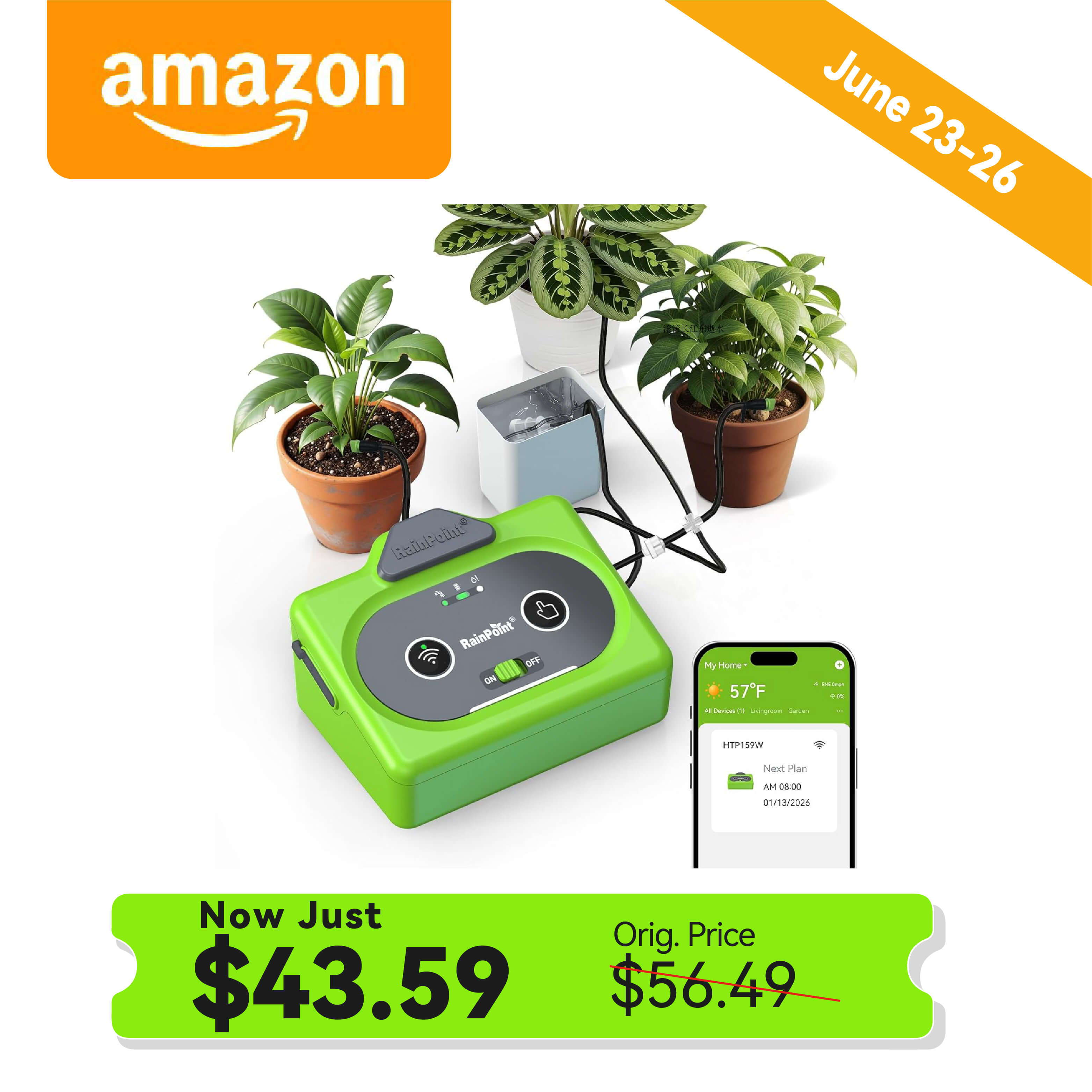 Green device with plants, promotional price, Amazon sale details.