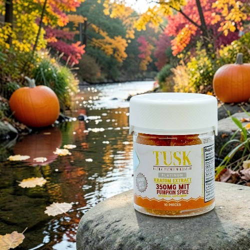 Jar of Tusk product by a stream with autumn foliage and pumpkins.