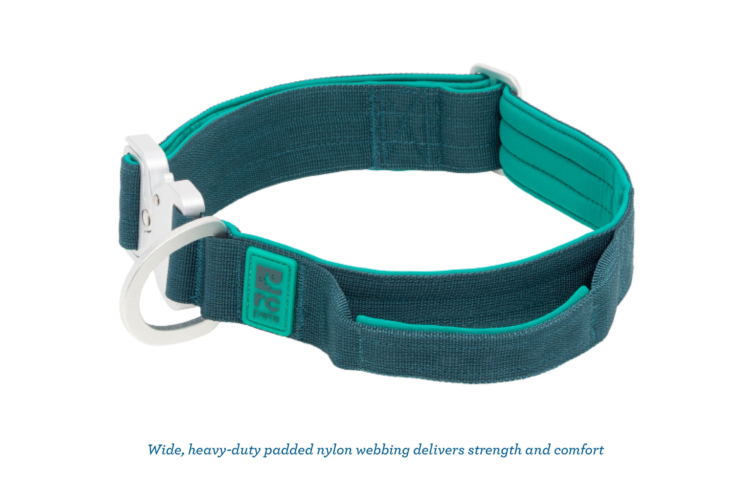 A teal and black adjustable dog collar with a metal clip.