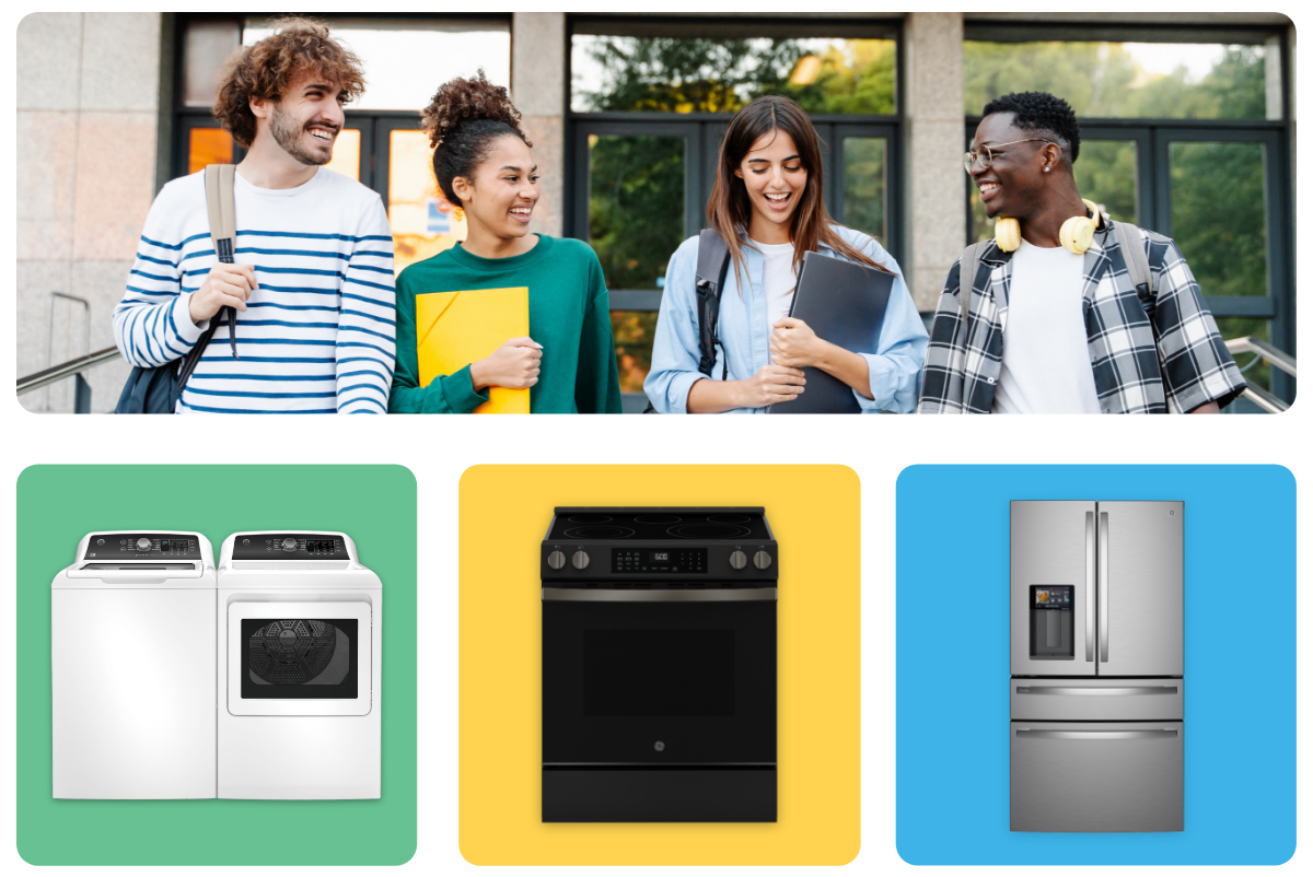 Group of friends smiling, with appliances displayed below them.