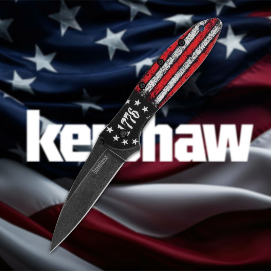 Knife with patriotic design against an American flag background.