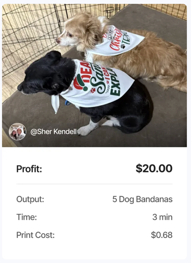 Two dogs wearing bandanas, with profit and production details below.