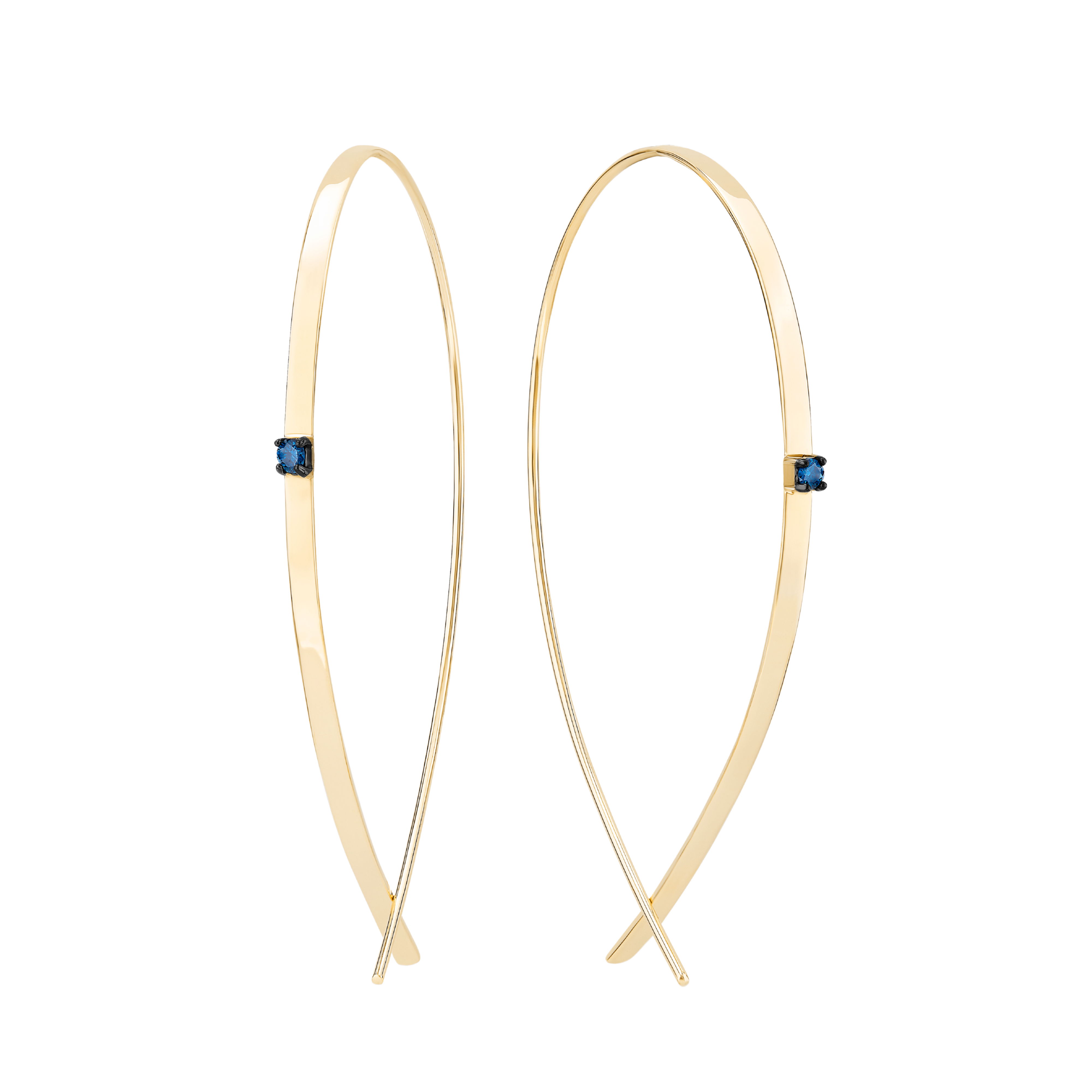 Gold hoop earrings with blue diamonds.