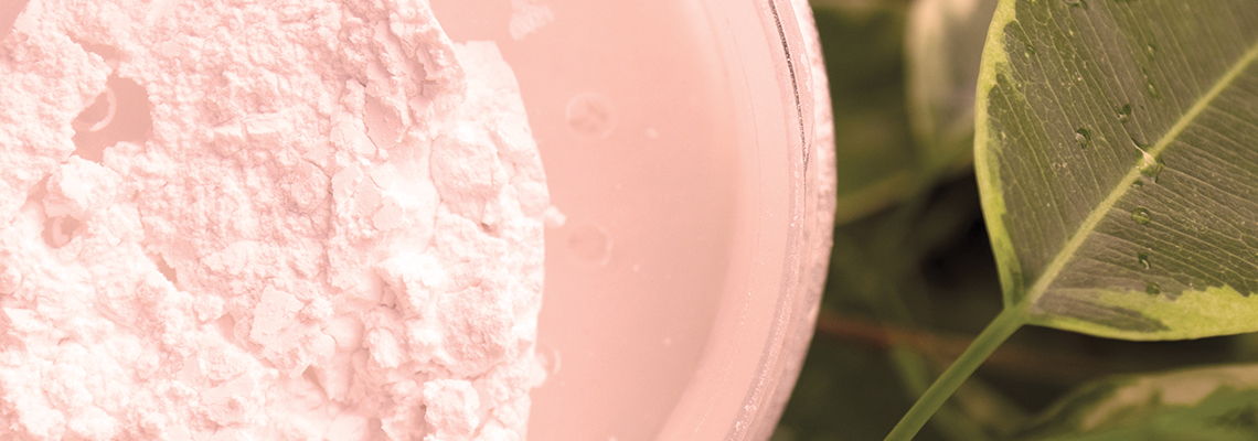 Bowl of white powder next to green leaves.