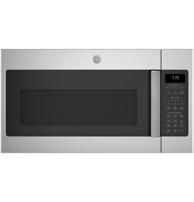 Stainless steel microwave with a black window and keypad on the right.