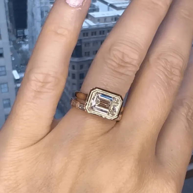 one of a kind east west emerald cut diamond engagement ring
