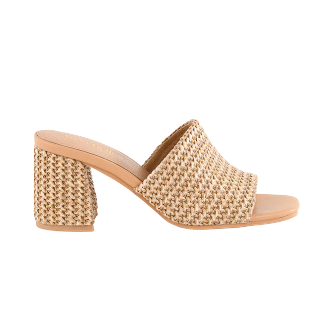 Beige woven block-heeled mules with an open toe design.
