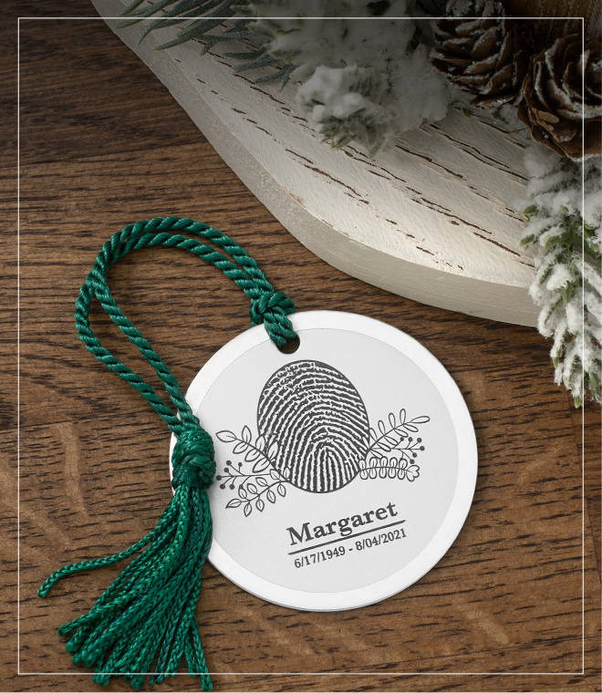 Nickel Keepsake Christmas Ornament Engraved with a Fingerprint, Name, and Dates 