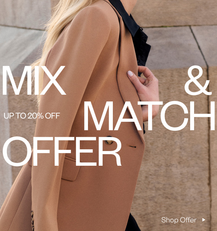 Woman wearing a tan blazer with promotional text for a discount offer.