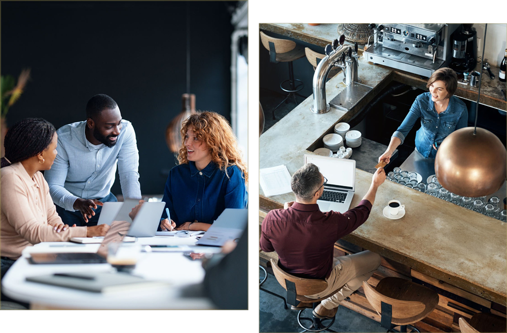 Professionals collaborating in an office and a customer being served at a café counter, representing business operations and service environments
