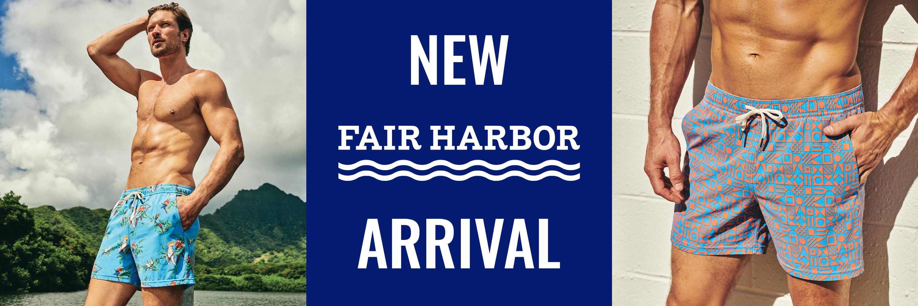 Fair Harbor swimwear logo in center with two men wearing Fair Harbor swim shorts on each side.