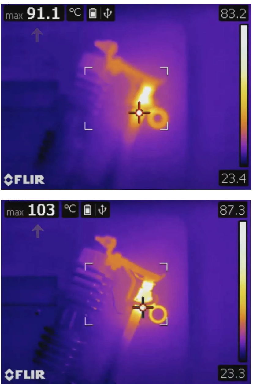 Out-of-focus and focused thermal images showing how poor focus can affect electrical fault temperature measurement