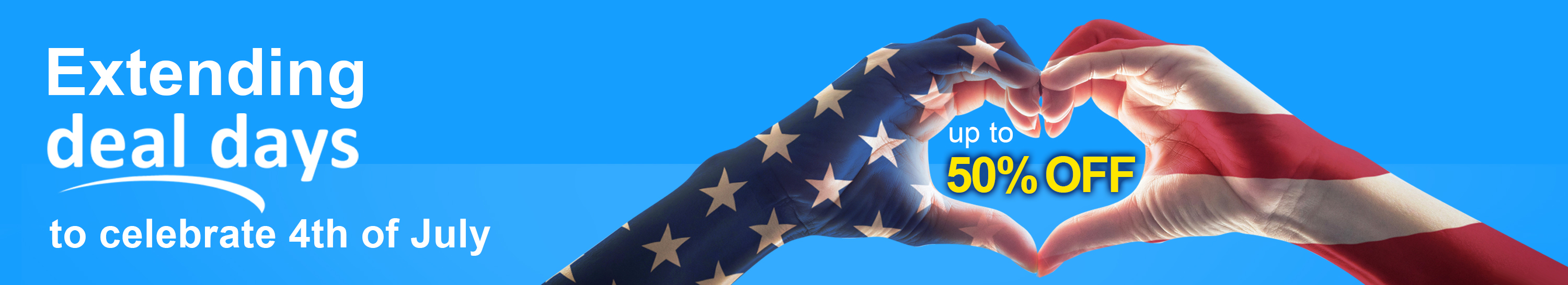 Hands forming a heart with American flag, promoting July 4th sales.