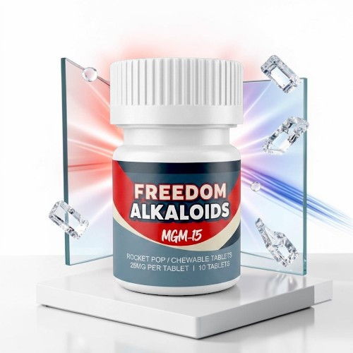 Bottle of Freedom Alkaloids on a reflective surface with colorful background.