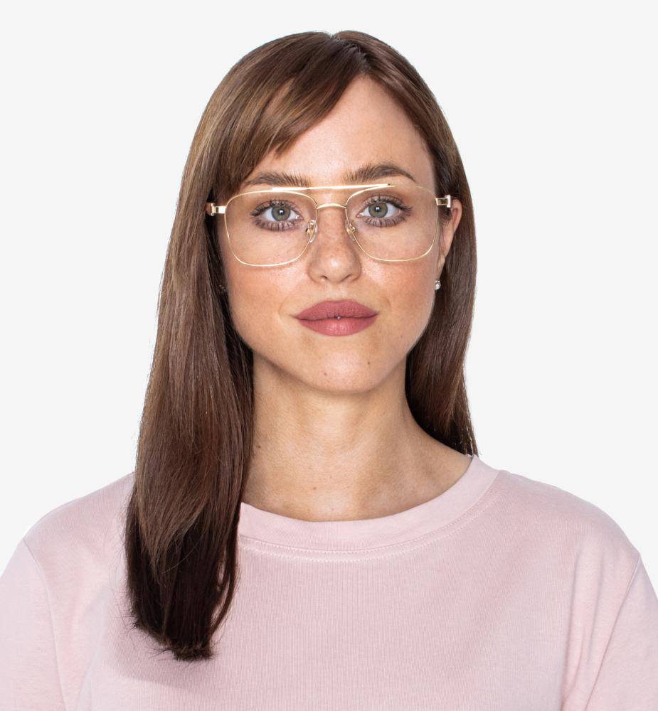 Woman with small nose wearing Drive Gold, Retro Square Eyeglasses
