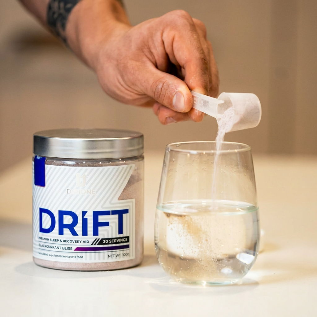 Hand pouring powder into a glass of water next to a container labeled DRiFT.