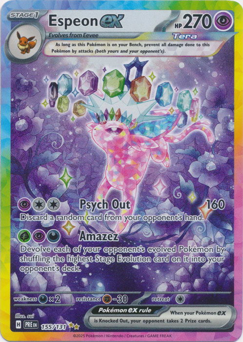 Espeon EX Pokémon card with colorful background and abilities listed.