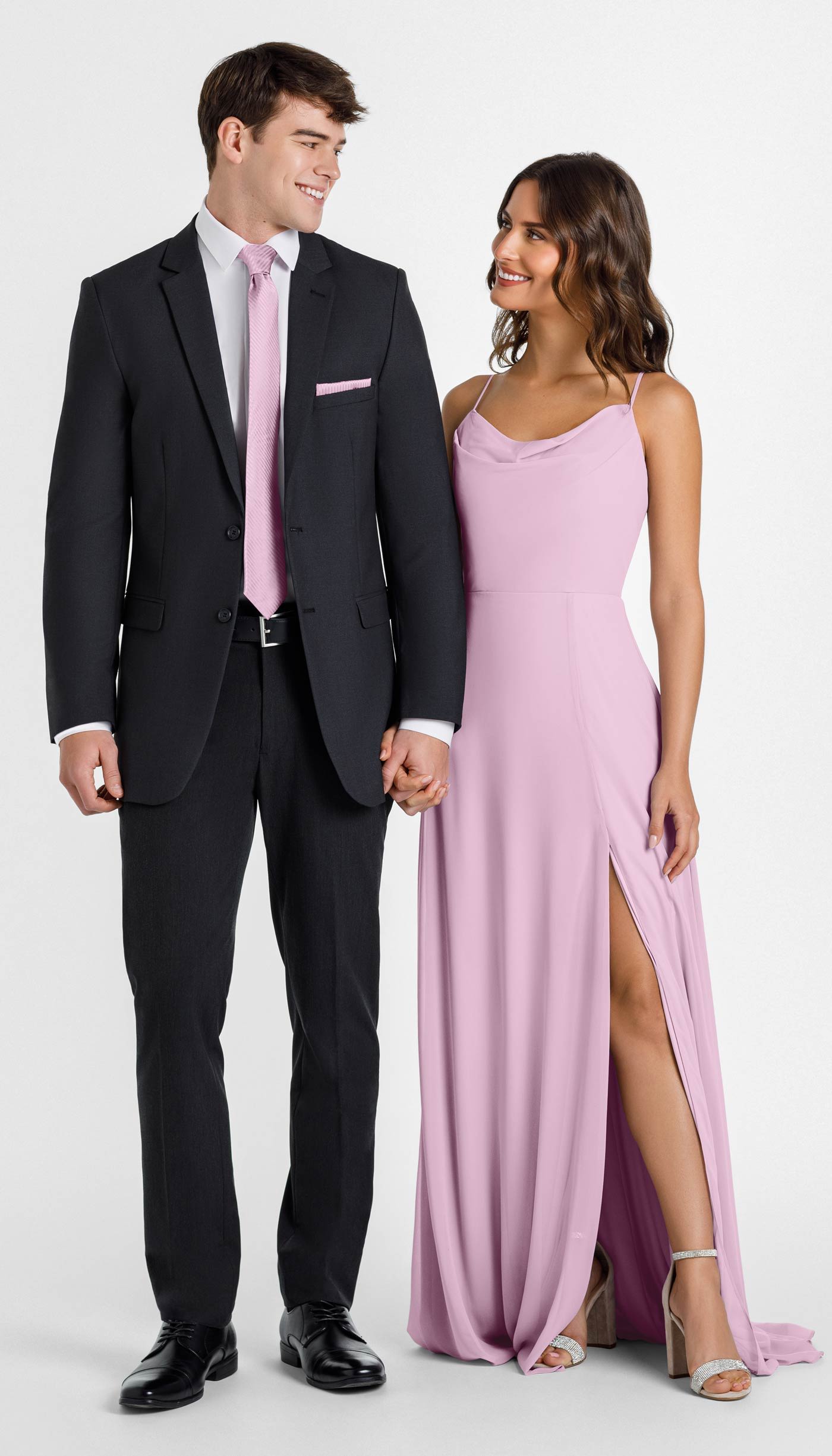 charcoal suit with peony bridesmaid dress