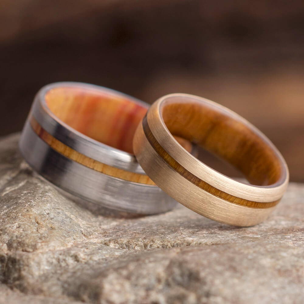 Brushed Metal and Wood Wedding Bands for Couples