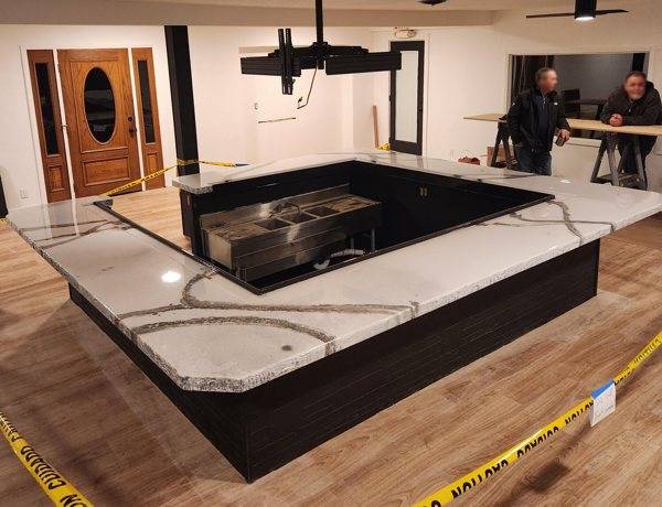 Pearl white epoxy bar with veins, 43 feet long, poured in one pour
