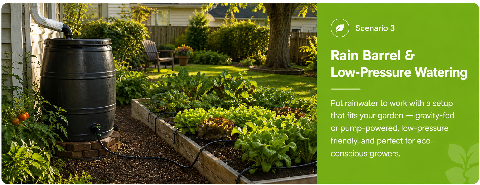 Rain barrel and garden area with lush greenery and low-pressure watering system.