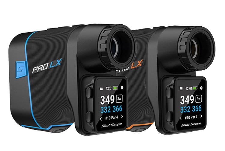 Blue and orange Shot Scope Pro LX+ golf rangefinder with GPS and shot tracking