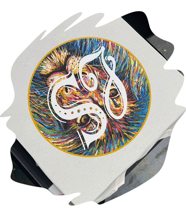 Detailed DTG print of a full colour painterly illustration of a lion with the LS merchant logo on cream fabric
