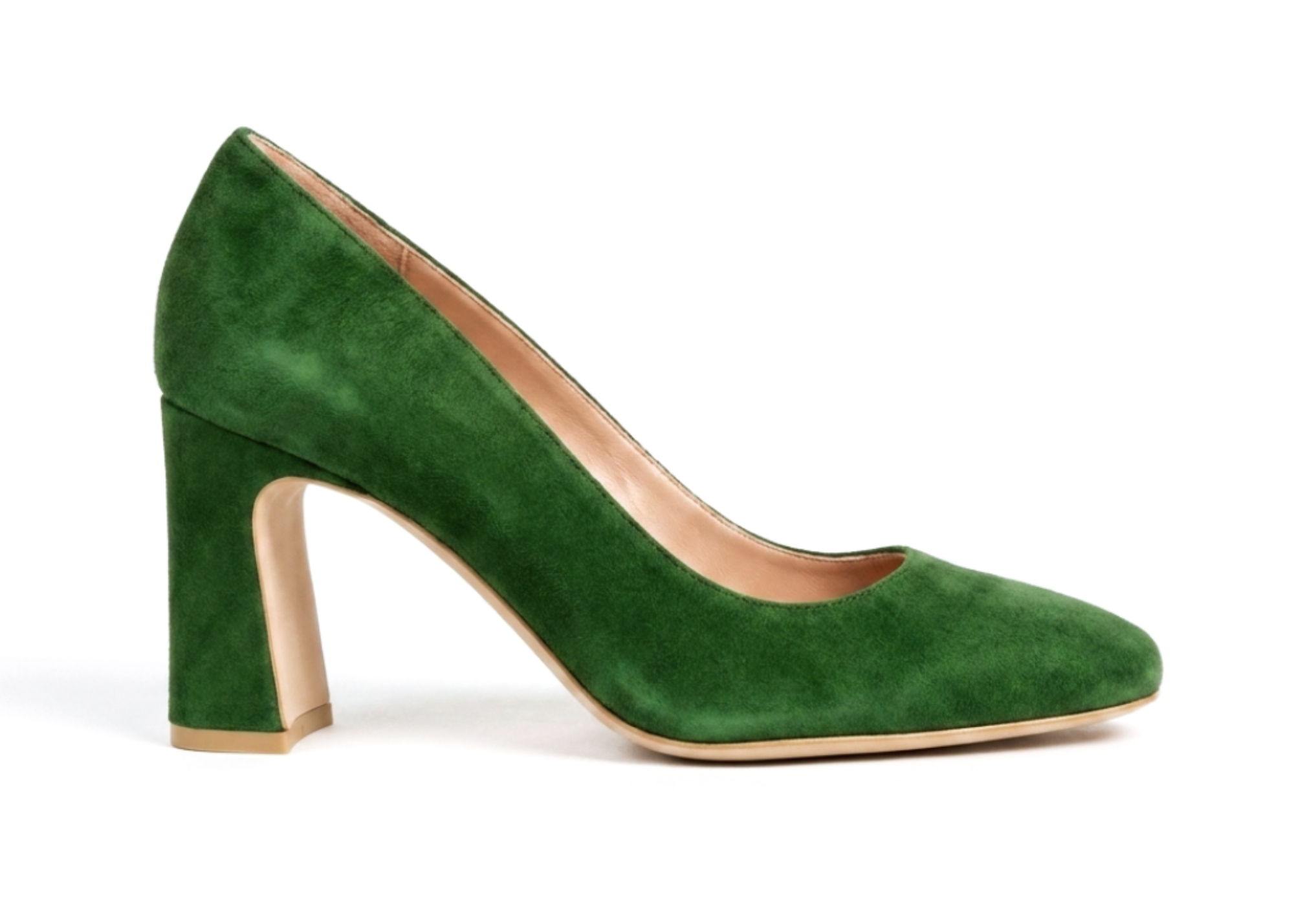 Green suede high-heeled shoe with a chunky heel.