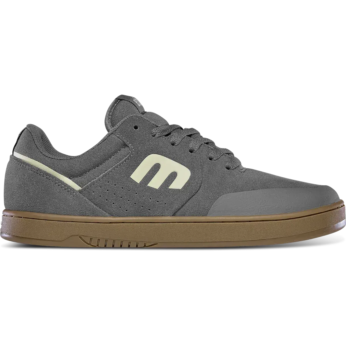 Gray sneaker with a gum sole and white logo.