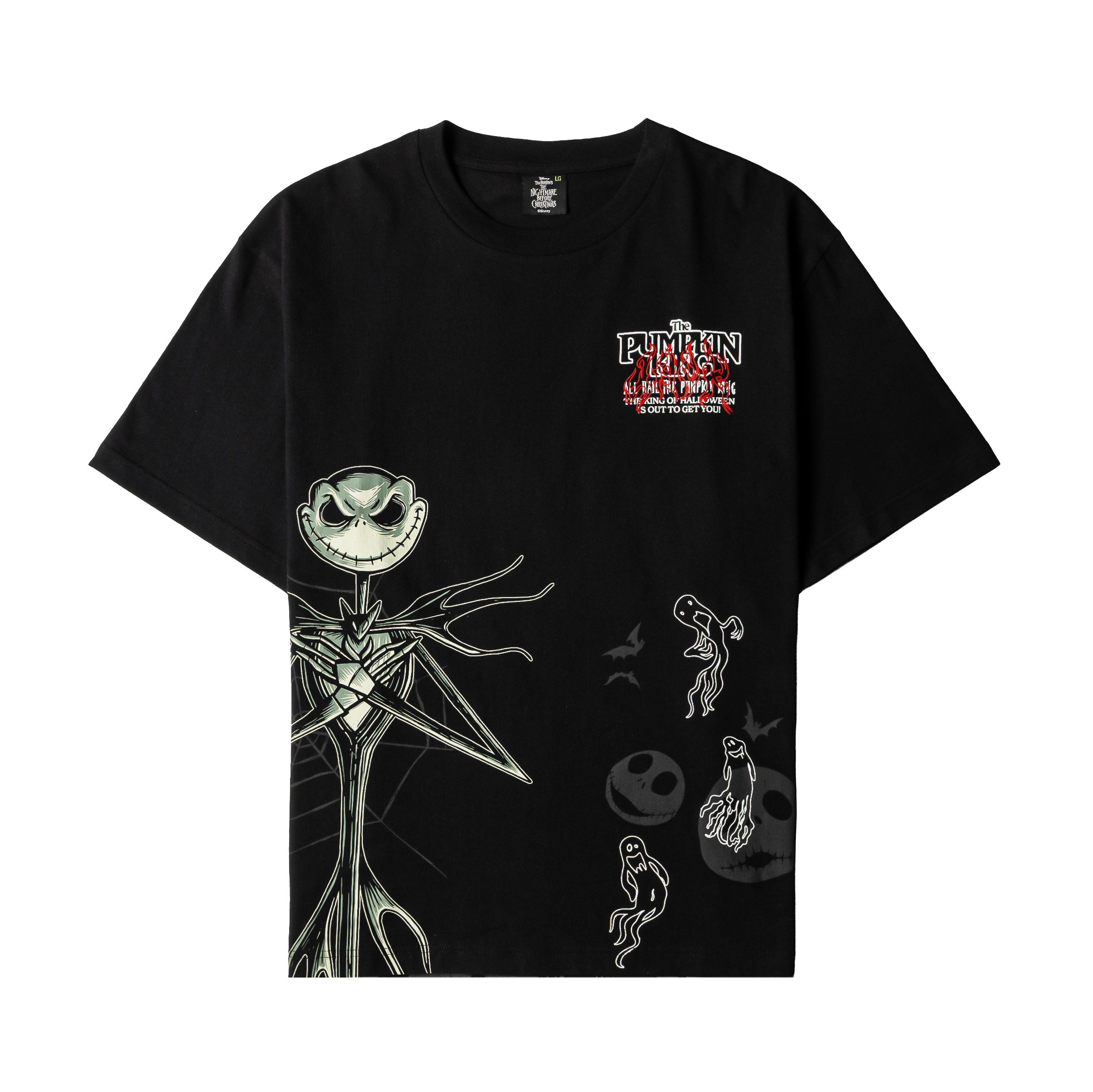 Black t-shirt featuring Jack Skellington and Halloween-themed designs.