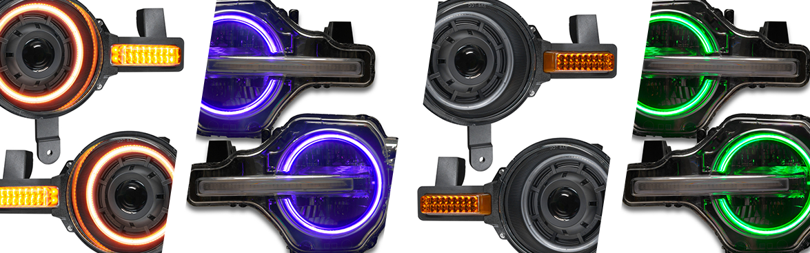 Photo collage of various aftermarket headlights for off-road vehicles.
