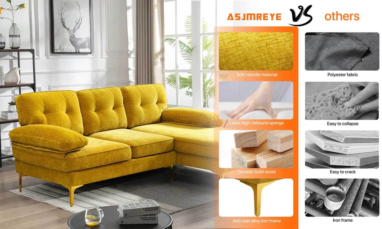 Asjmreye Sectional Sofa Couch, L Shaped Sofa, Modern Chenille fabric, Golden (13)