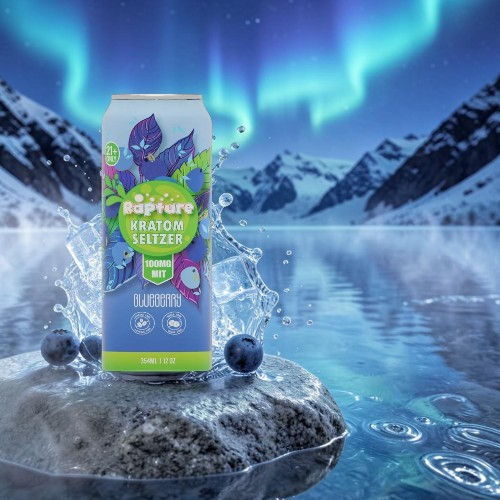 A can of flavored beverage in a scenic icy landscape with northern lights.